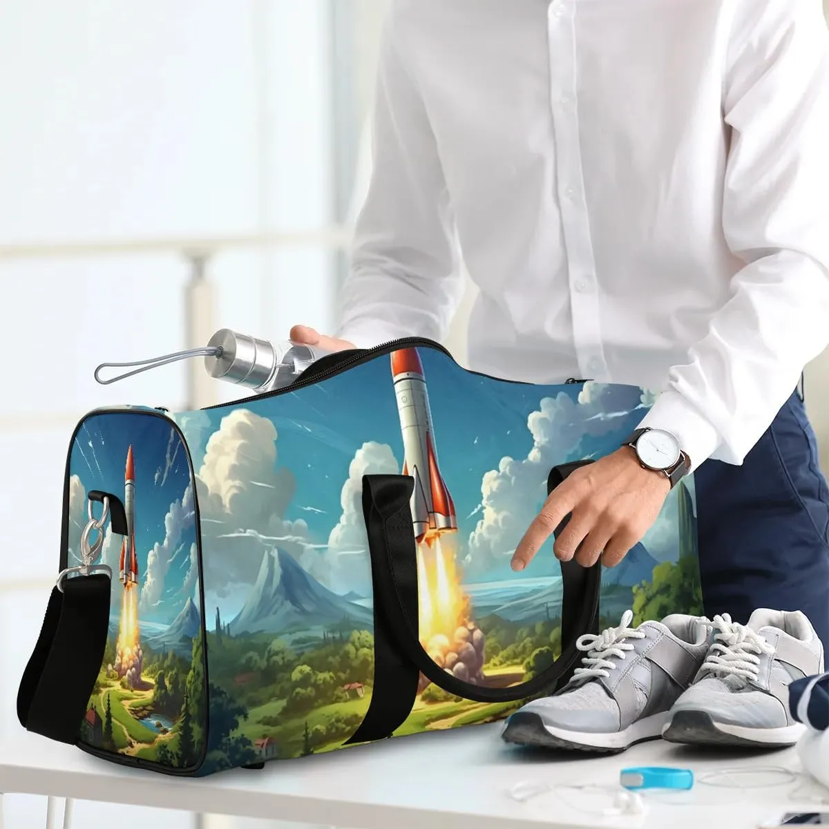 Earth Rockets Print Travel Duffel Bag for Women Men Waterproof Foldable Overnight Weekender Bag Large Capacity Sports Gym Bag