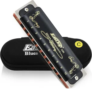 East top Harmonica Key of C 10 Holes 20 Tones 008K Blues Harp Mouth Organ with Black Cover, Top Grade Harmonica for Adults, Professionals and All Level Students as Gift