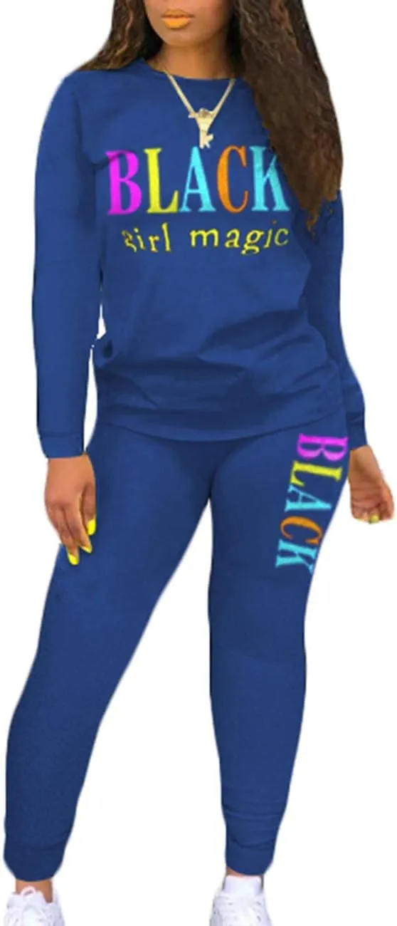 ECDAHICC Women‘s 2 Piece Set Outfits Sweatsuits Long Sleeve Shirt Bodycon Sweatpants Black Girl Magic Letter Printed