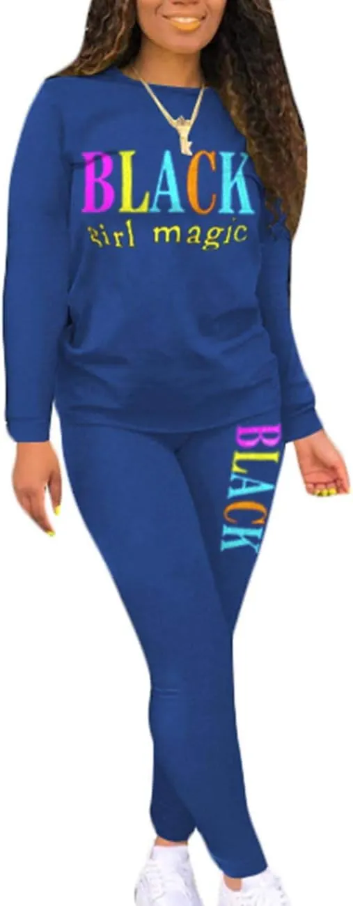 ECDAHICC Women‘s 2 Piece Set Outfits Sweatsuits Long Sleeve Shirt Bodycon Sweatpants Black Girl Magic Letter Printed