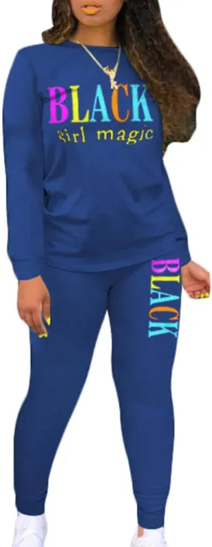 ECDAHICC Women‘s 2 Piece Set Outfits Sweatsuits Long Sleeve Shirt Bodycon Sweatpants Black Girl Magic Letter Printed