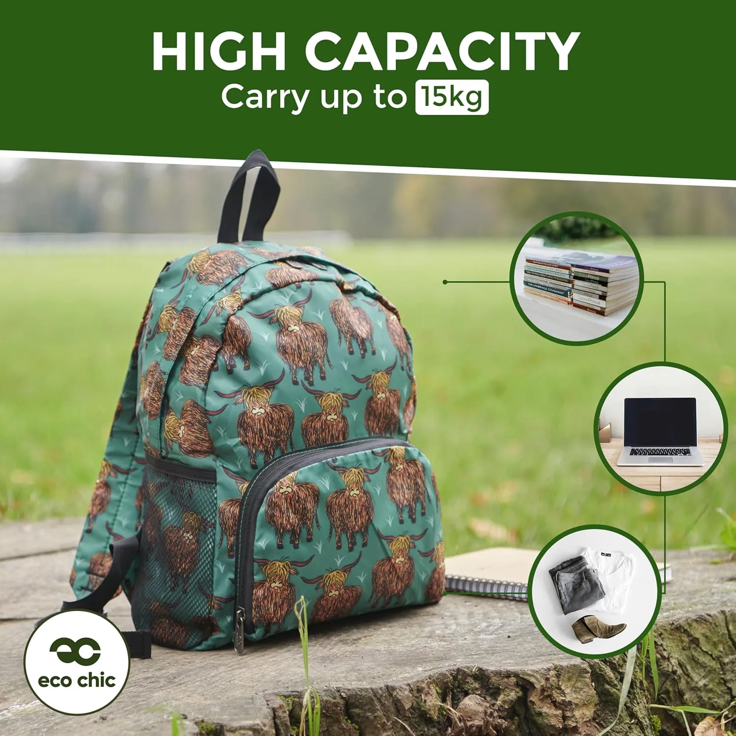 ECO CHIC Hiking Lightweight Packable Backpack - Foldable Daypack for Travel & Hiking & Outdoor Adventures - Waterproof Backpack from Recycled Materials (Bumble Bees Grey)