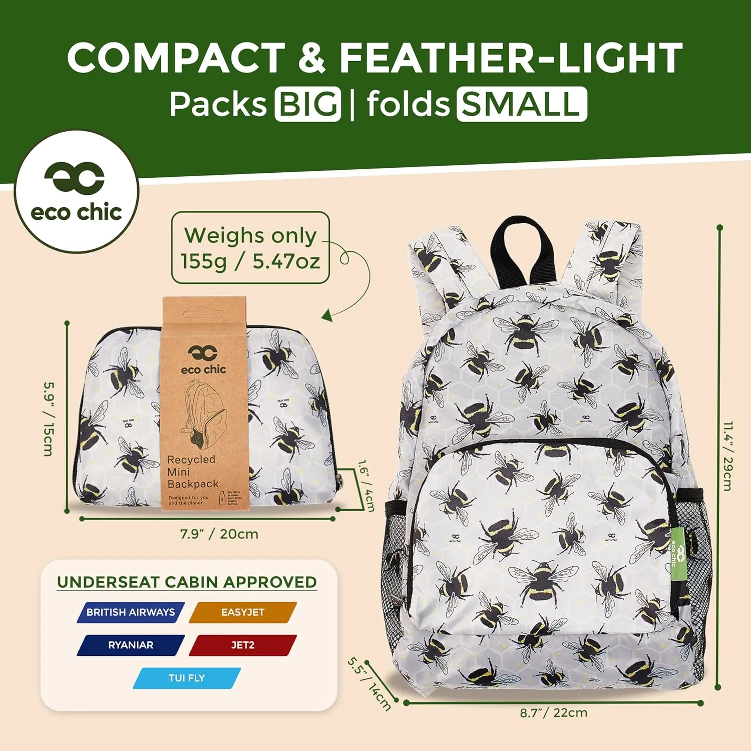ECO CHIC Hiking Lightweight Packable Backpack - Foldable Daypack for Travel & Hiking & Outdoor Adventures - Waterproof Backpack from Recycled Materials (Bumble Bees Grey)