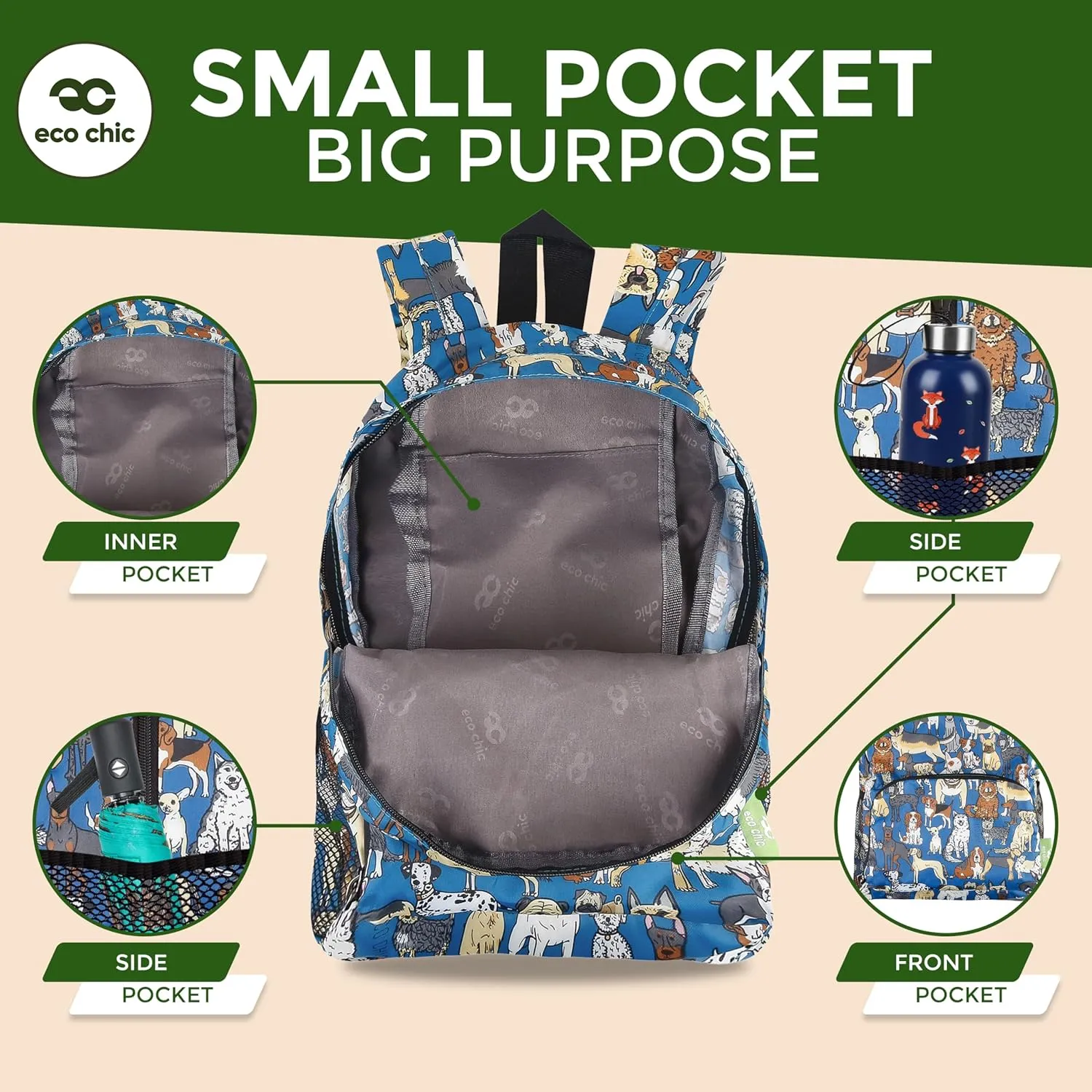 ECO CHIC Hiking Lightweight Packable Backpack - Foldable Daypack for Travel & Hiking & Outdoor Adventures - Waterproof Backpack from Recycled Materials (Bumble Bees Grey)