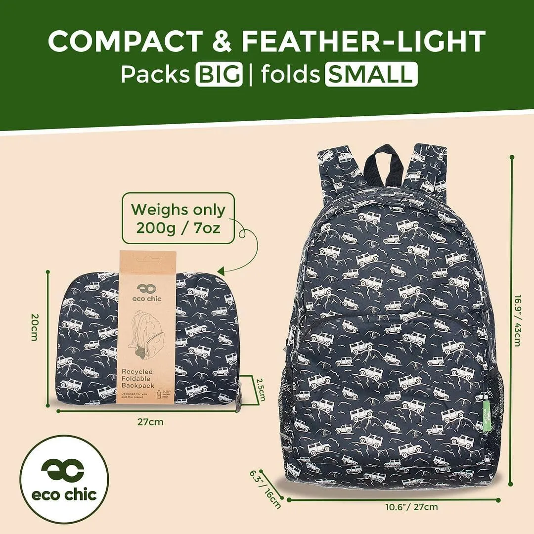 ECO CHIC Hiking Lightweight Packable Backpack - Foldable Daypack for Travel & Hiking & Outdoor Adventures - Waterproof Backpack from Recycled Materials (Landrovers Black)