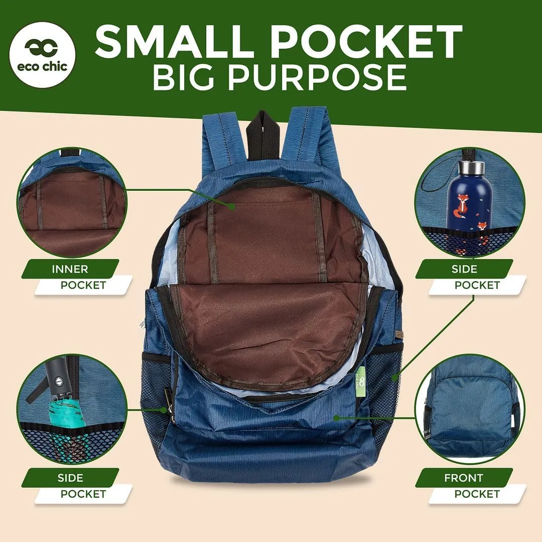 ECO CHIC Hiking Lightweight Packable Backpack - Foldable Daypack for Travel & Hiking & Outdoor Adventures - Waterproof Backpack from Recycled Materials (Landrovers Black)
