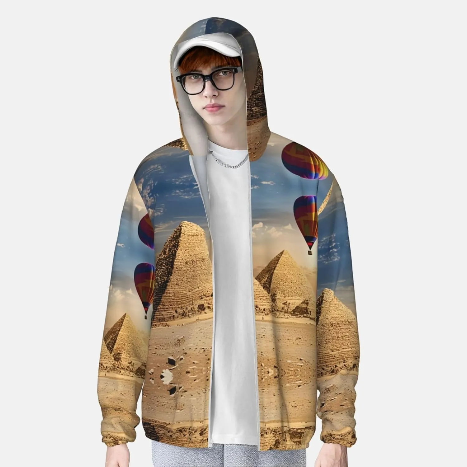 Egyptian Pyramid in Desert Print Sun Protection Hoodie Shirt Athletic Shirts Lightweight Sunscreen for Men Women