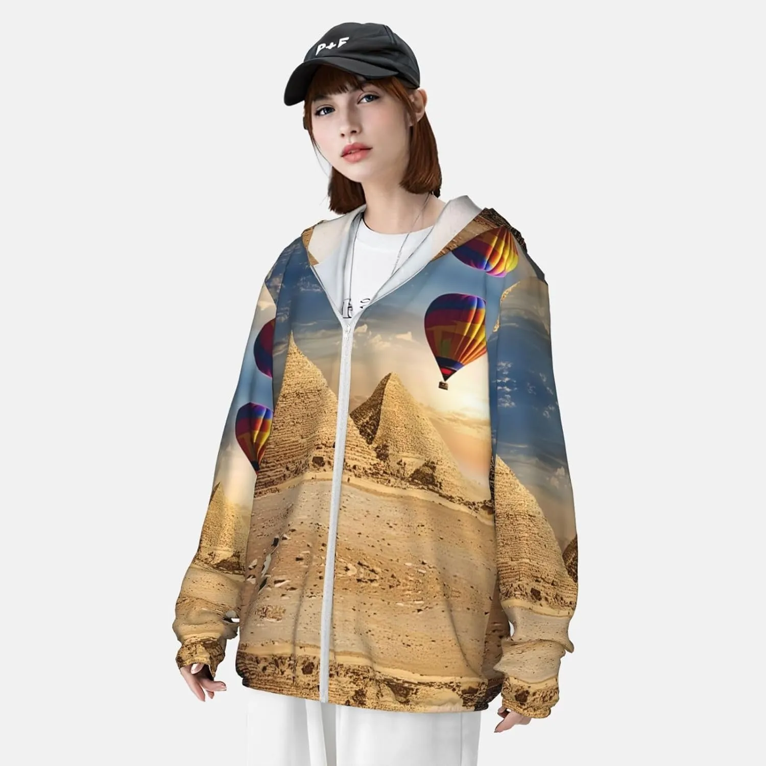 Egyptian Pyramid in Desert Print Sun Protection Hoodie Shirt Athletic Shirts Lightweight Sunscreen for Men Women