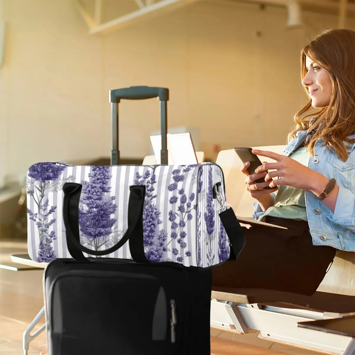 Elegant Lavender Travel Duffel Bag for Women Men Waterproof Foldable Overnight Weekender Bag Large Capacity Sports Gym Bag