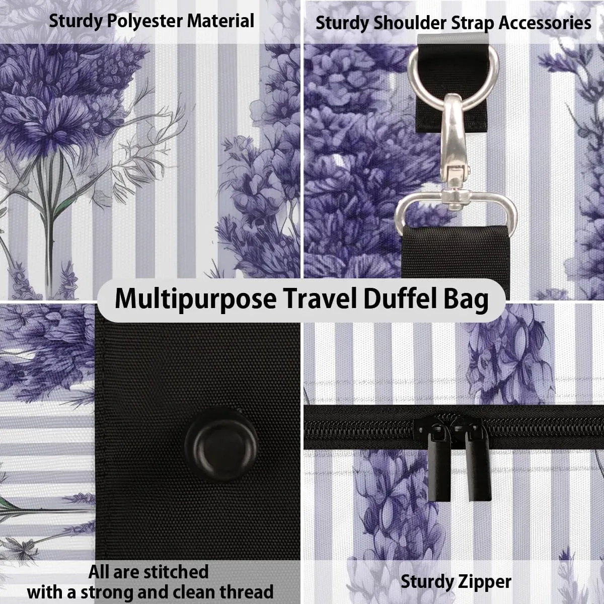 Elegant Lavender Travel Duffel Bag for Women Men Waterproof Foldable Overnight Weekender Bag Large Capacity Sports Gym Bag