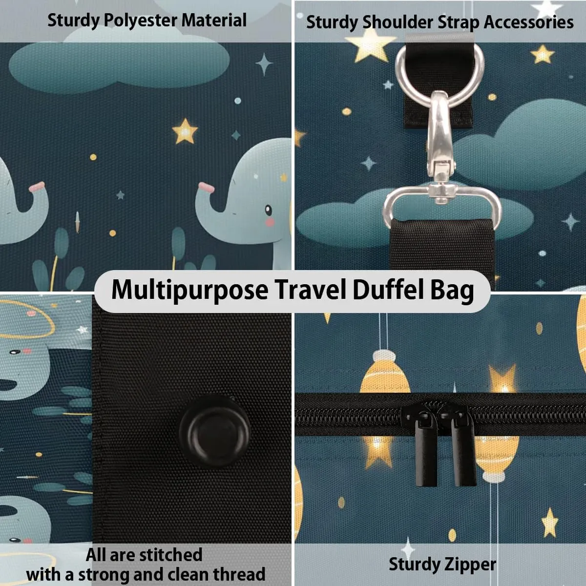 Elephant Animal Print Travel Duffel Bag for Women Men Waterproof Foldable Overnight Weekender Bag Large Capacity Sports Gym Bag