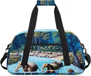 Elephant Crossing River Gym Duffel Bag for Men Women Oil Painting Sports Tote Bag with Adjustable Shoulder Strap for Dance Gymnastics Traveling Outdoor Camping Overnight Stay