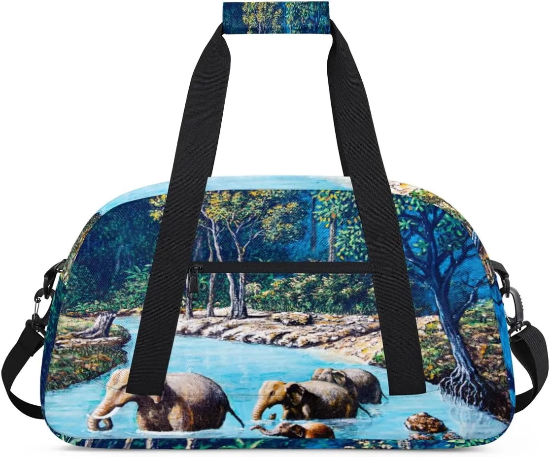 Elephant Crossing River Gym Duffel Bag for Men Women Oil Painting Sports Tote Bag with Adjustable Shoulder Strap for Dance Gymnastics Traveling Outdoor Camping Overnight Stay