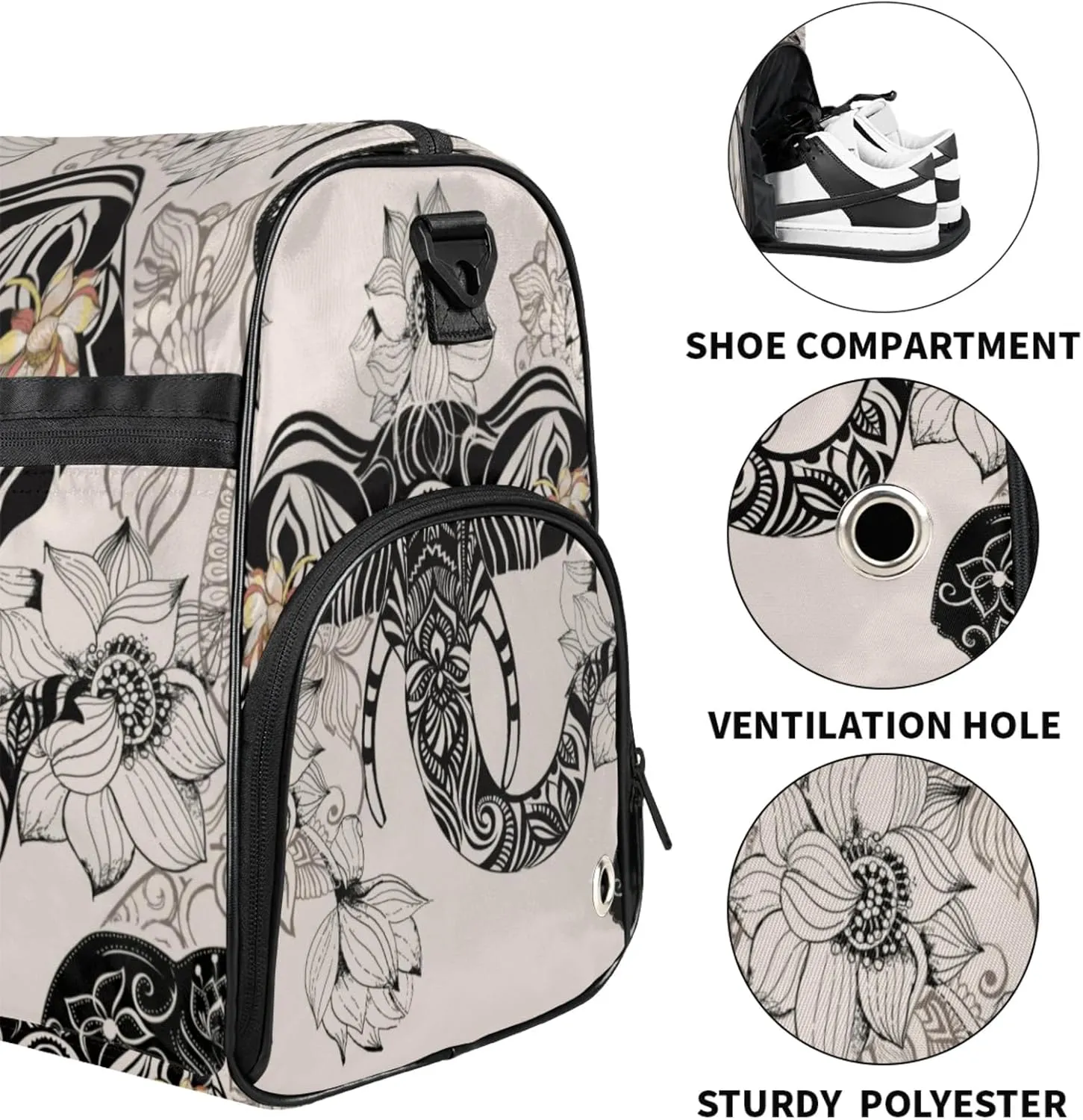 Elephant Texture Gym Bag for Men- 43L large Duffle Bag for Travel, Flower Art Travel Bag with Shoe Compartment-Personal Item Travel Bag Weekender Bags for Women