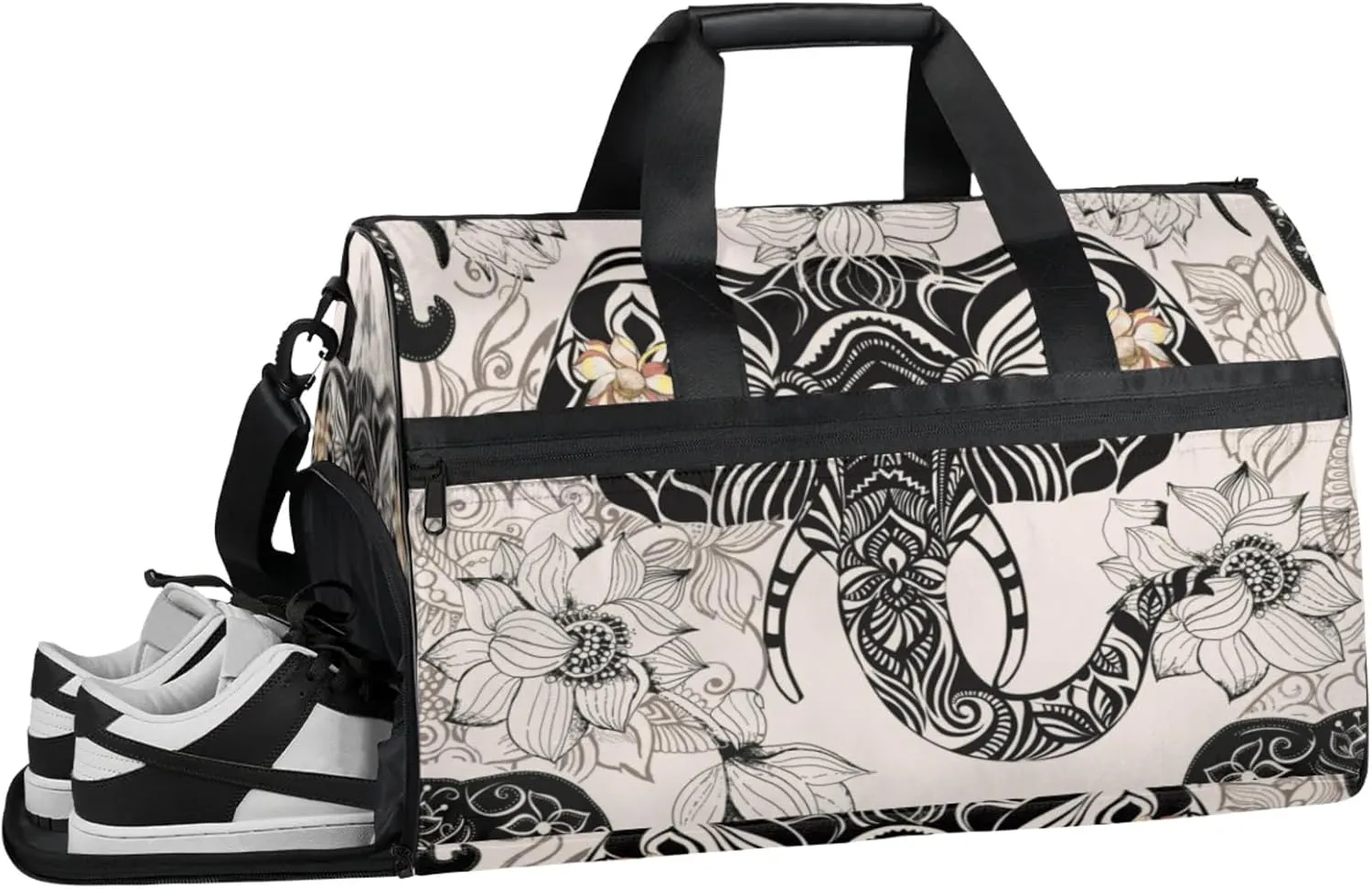 Elephant Texture Gym Bag for Men- 43L large Duffle Bag for Travel, Flower Art Travel Bag with Shoe Compartment-Personal Item Travel Bag Weekender Bags for Women