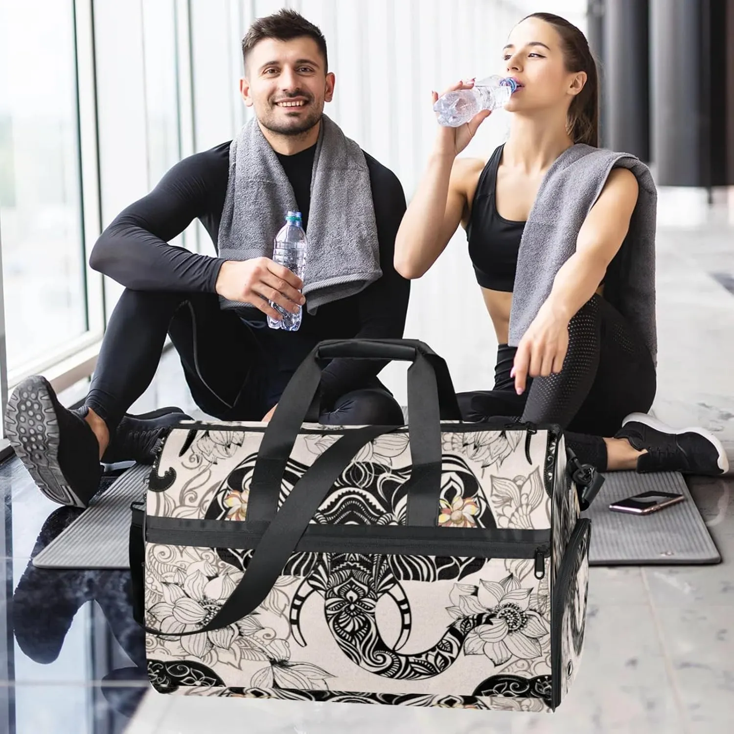 Elephant Texture Gym Bag for Men- 43L large Duffle Bag for Travel, Flower Art Travel Bag with Shoe Compartment-Personal Item Travel Bag Weekender Bags for Women