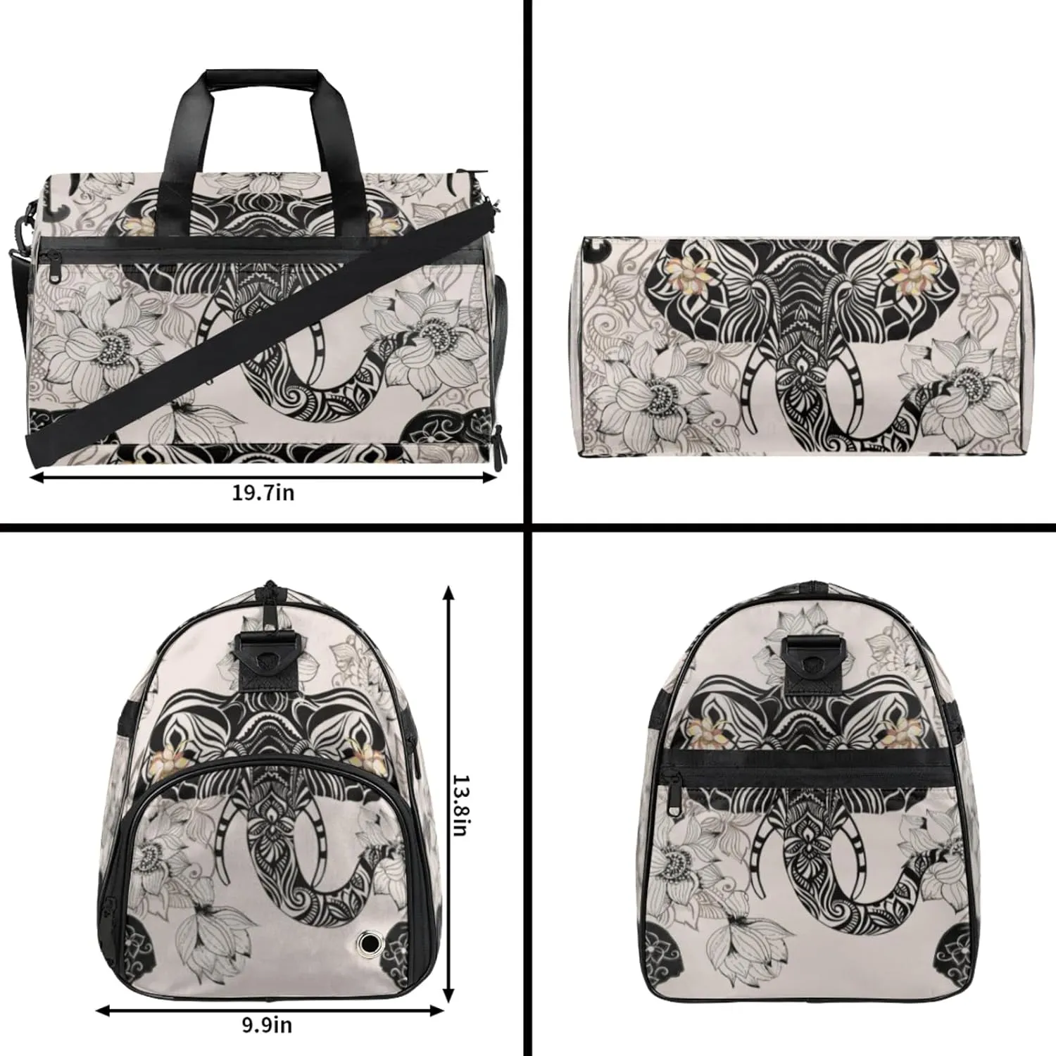 Elephant Texture Gym Bag for Men- 43L large Duffle Bag for Travel, Flower Art Travel Bag with Shoe Compartment-Personal Item Travel Bag Weekender Bags for Women