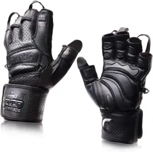 Elite Leather Gym Gloves with Built in 2" Wide Wrist Wraps Grip & Design for Weightlifting Power Lifting Bodybuilding & Strength Training Workout Exercises