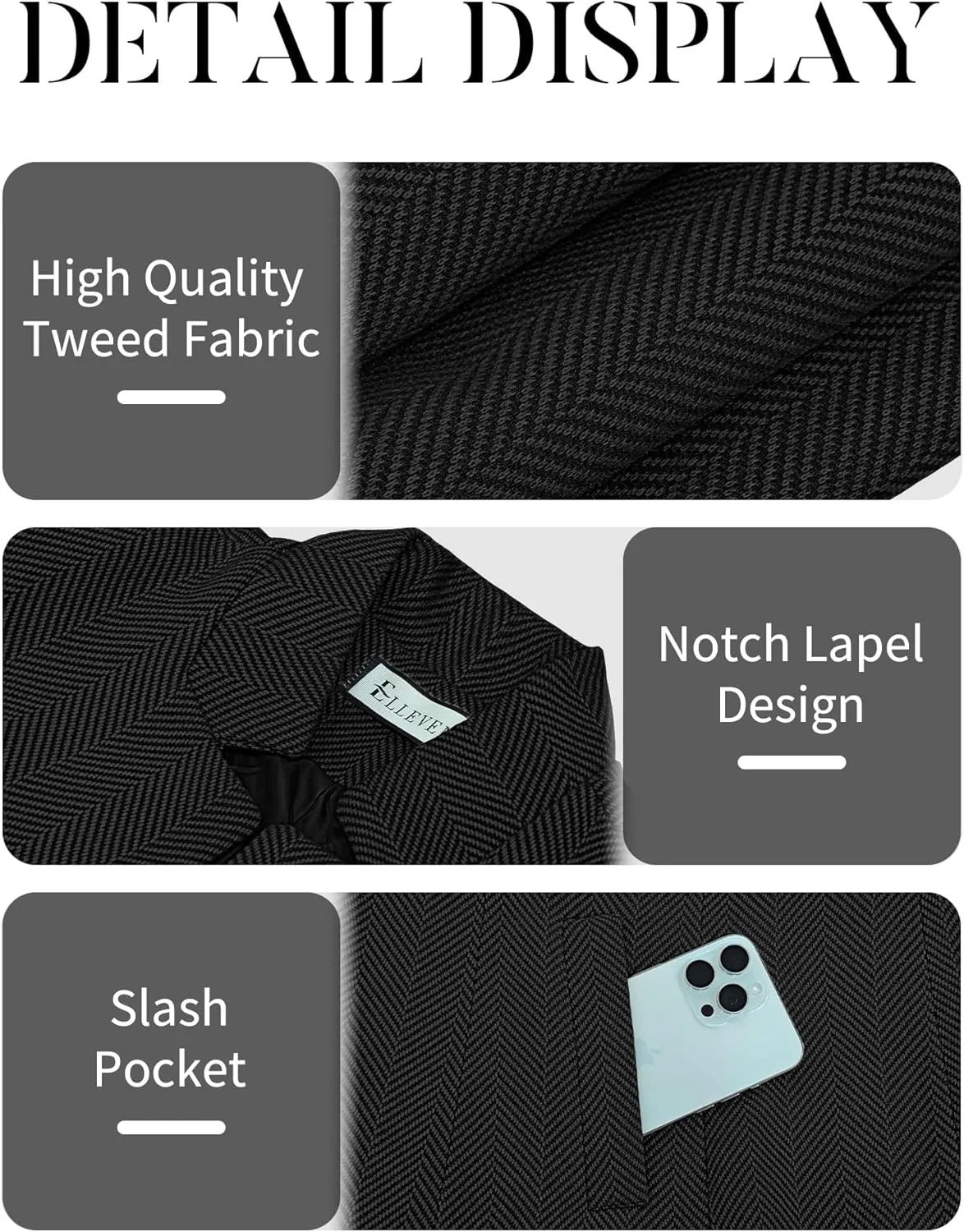 ELLEVEN Women’s Open Front Herringbone Blazer-Business Casual Long Sleeve Work Jacket with Full Lining and Padded Shoulders