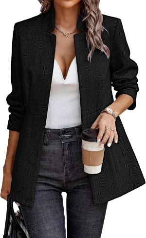 ELLEVEN Women’s Open Front Herringbone Blazer-Business Casual Long Sleeve Work Jacket with Full Lining and Padded Shoulders