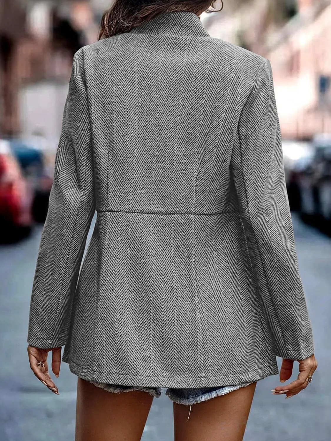 ELLEVEN Women’s Open Front Herringbone Blazer-Business Casual Long Sleeve Work Jacket with Full Lining and Padded Shoulders