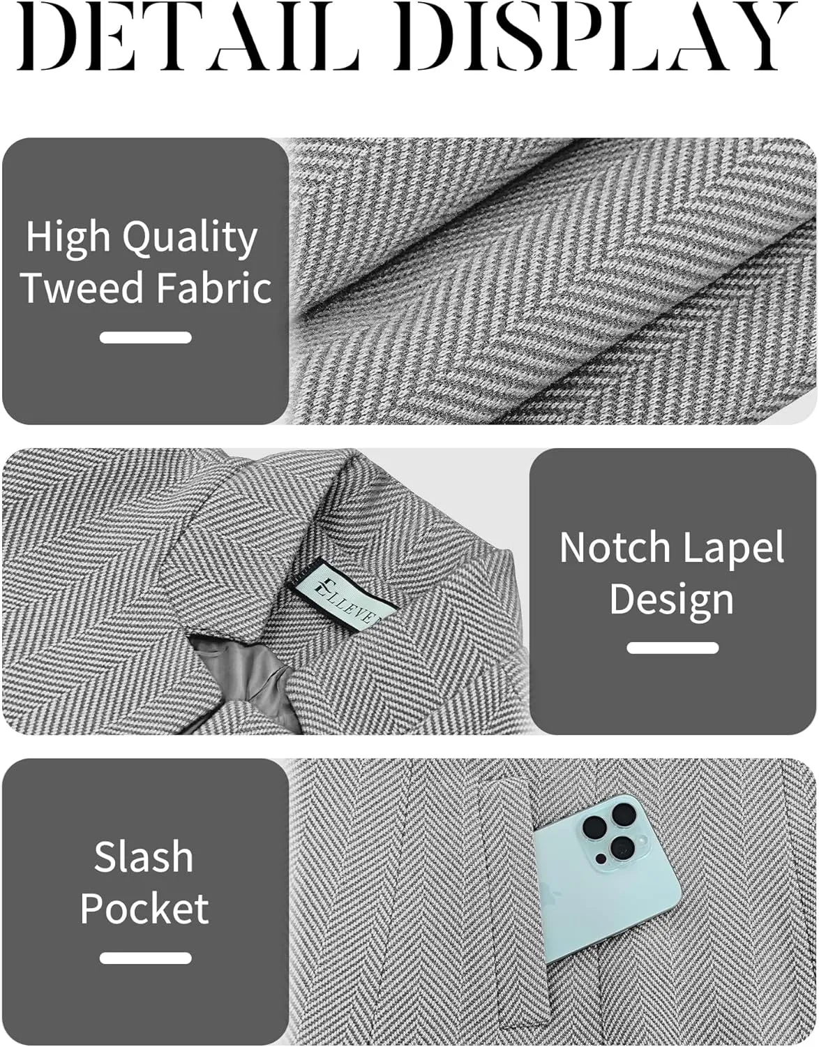 ELLEVEN Women’s Open Front Herringbone Blazer-Business Casual Long Sleeve Work Jacket with Full Lining and Padded Shoulders