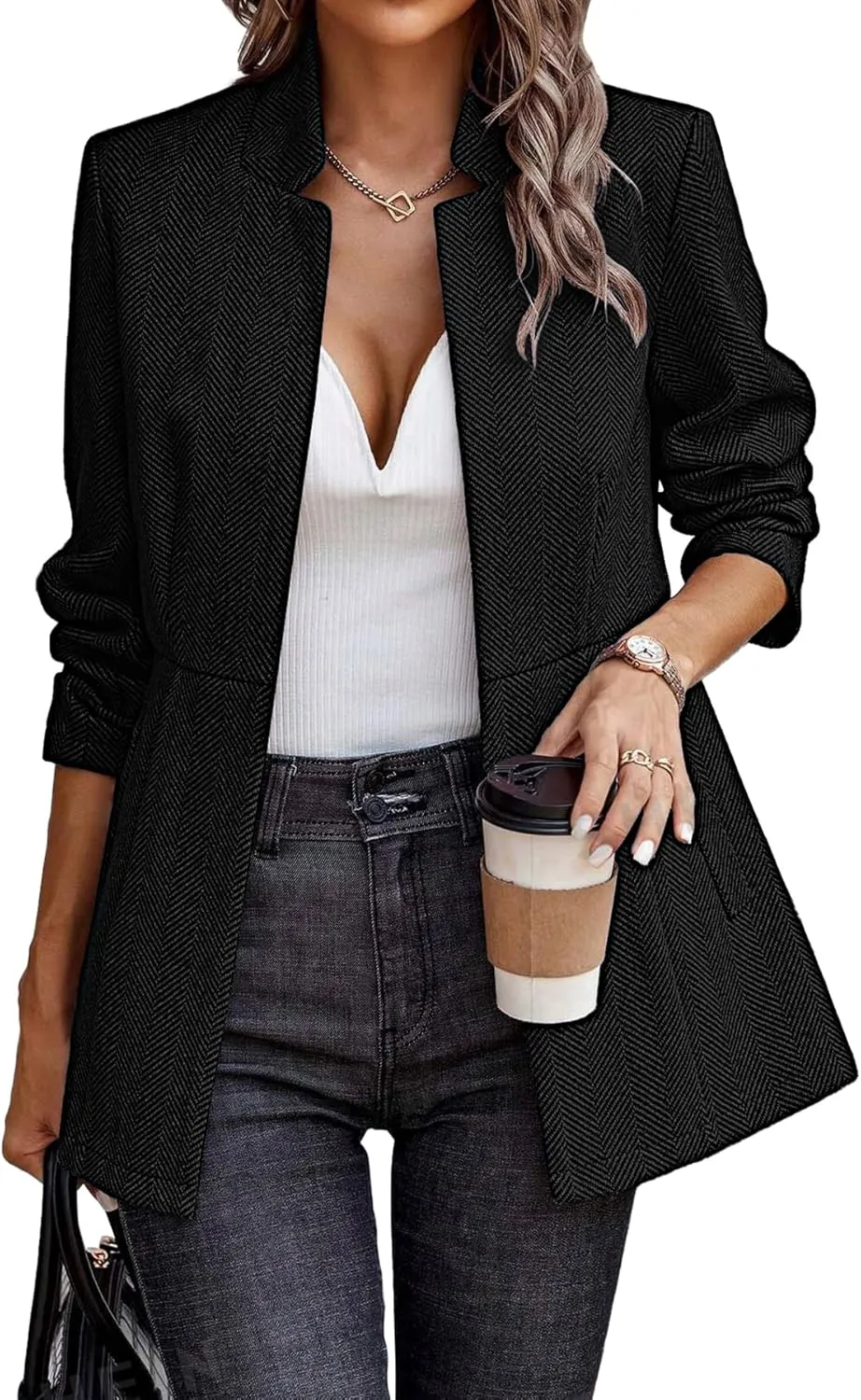 ELLEVEN Women’s Open Front Herringbone Blazer-Business Casual Long Sleeve Work Jacket with Full Lining and Padded Shoulders