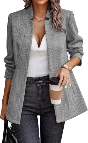 ELLEVEN Women’s Open Front Herringbone Blazer-Business Casual Long Sleeve Work Jacket with Full Lining and Padded Shoulders