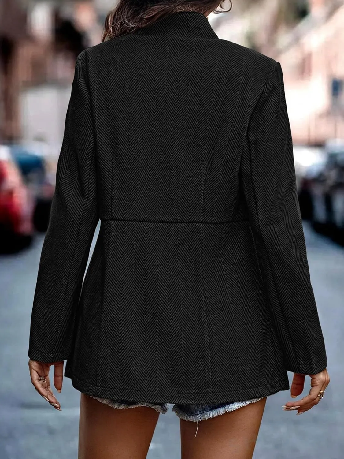 ELLEVEN Women’s Open Front Herringbone Blazer-Business Casual Long Sleeve Work Jacket with Full Lining and Padded Shoulders
