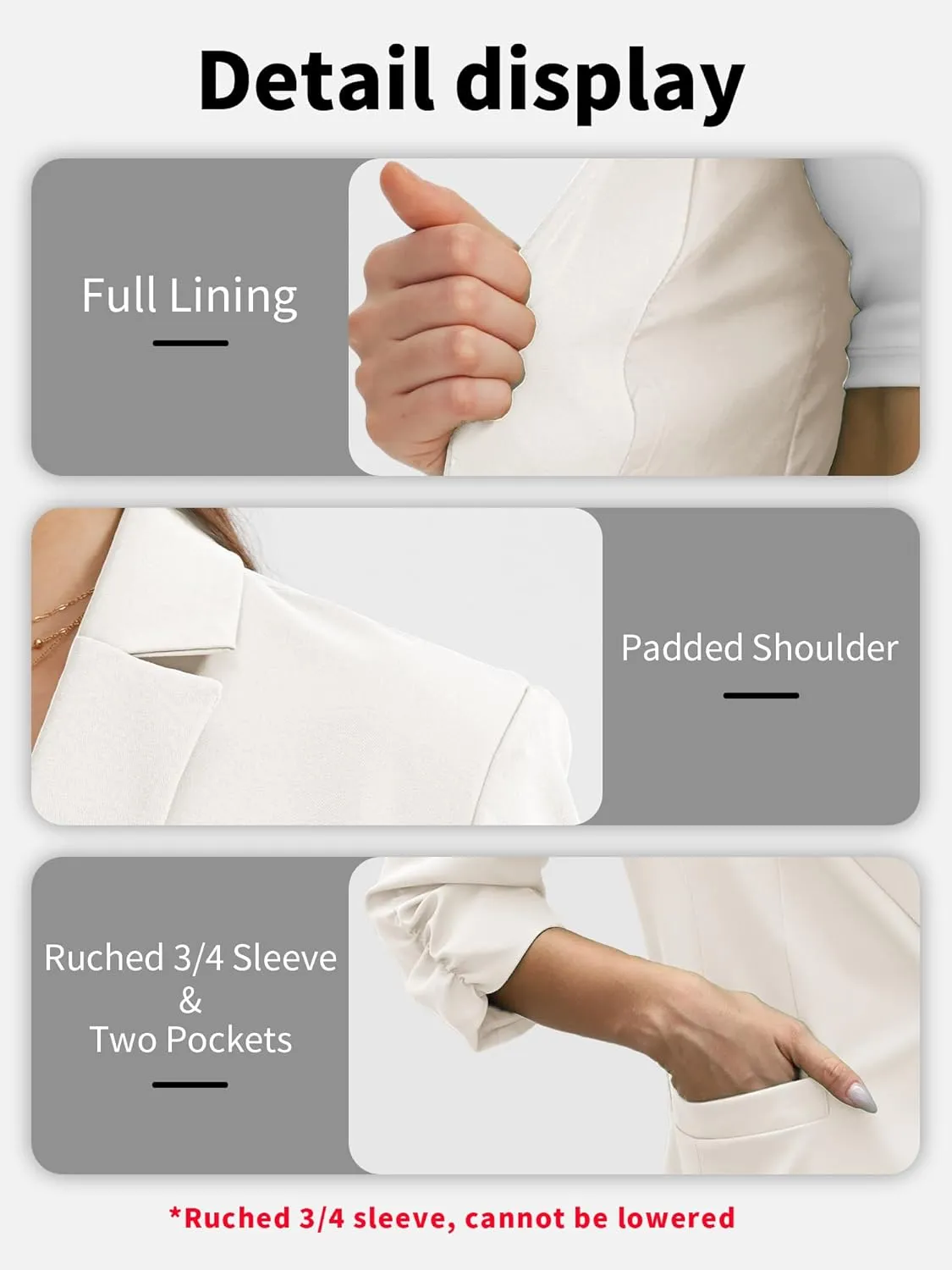 ELLEVEN Women's Ruched 3/4 Sleeve Blazers, Lightweight Slim Fit Jackets with Padded Shoulder for Business Casual