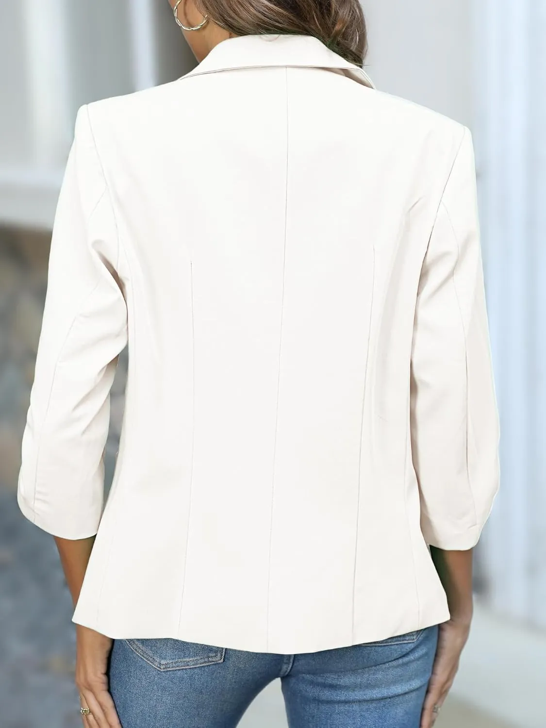 ELLEVEN Women's Ruched 3/4 Sleeve Blazers, Lightweight Slim Fit Jackets with Padded Shoulder for Business Casual