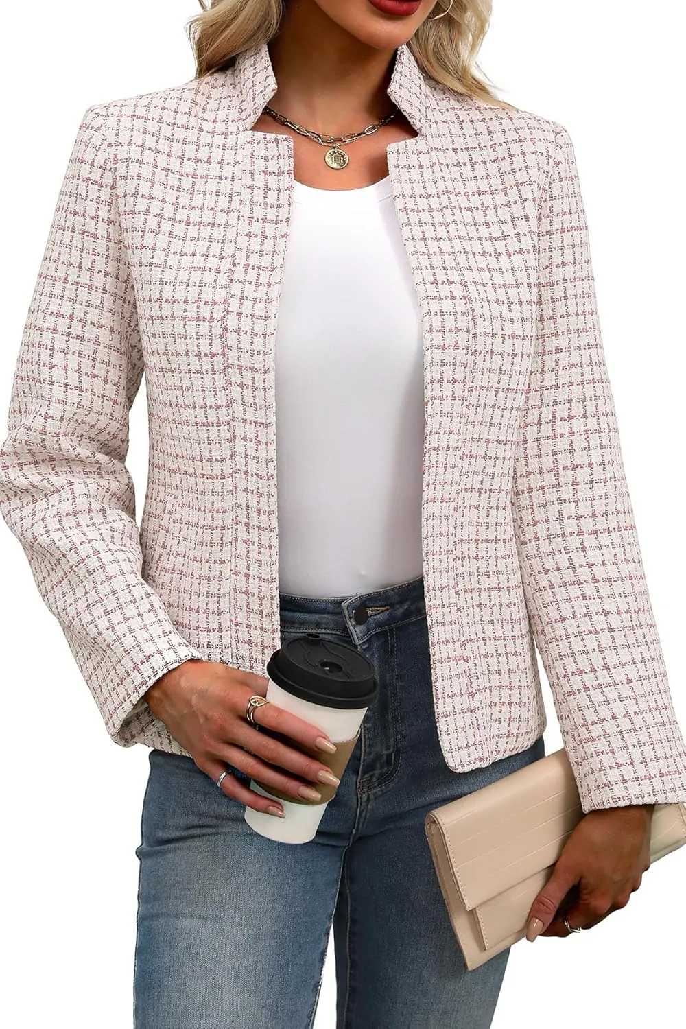 ELLEVEN Womens' Tweed Blazer Long Sleeve Jacket Notch Collar Fully Lined Casual Business Trendy Elegant Work Office Coat