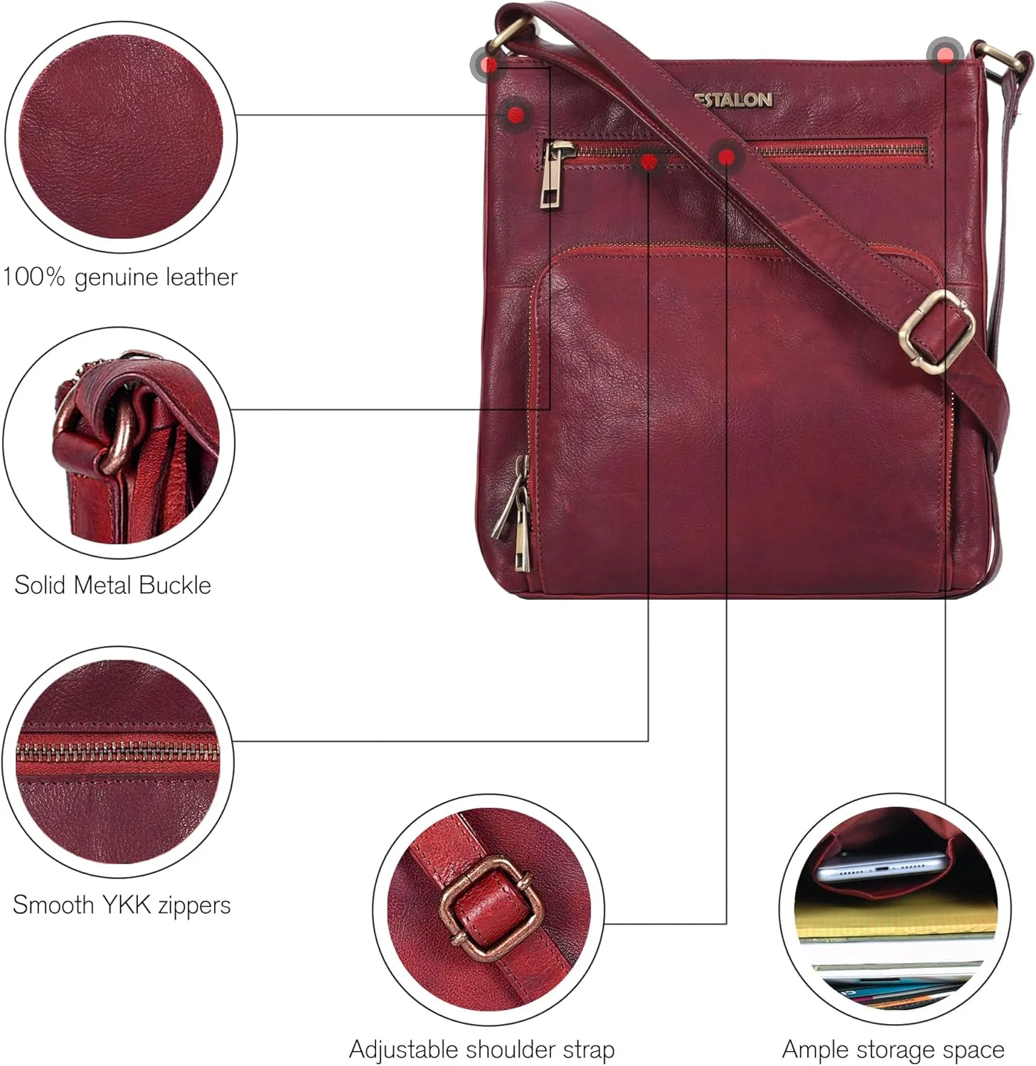 ESTALON Women's Real Leather Crossbody Purse With Adjustable Sling Strap - Medium Size Crossover Shoulder Hand Bag
