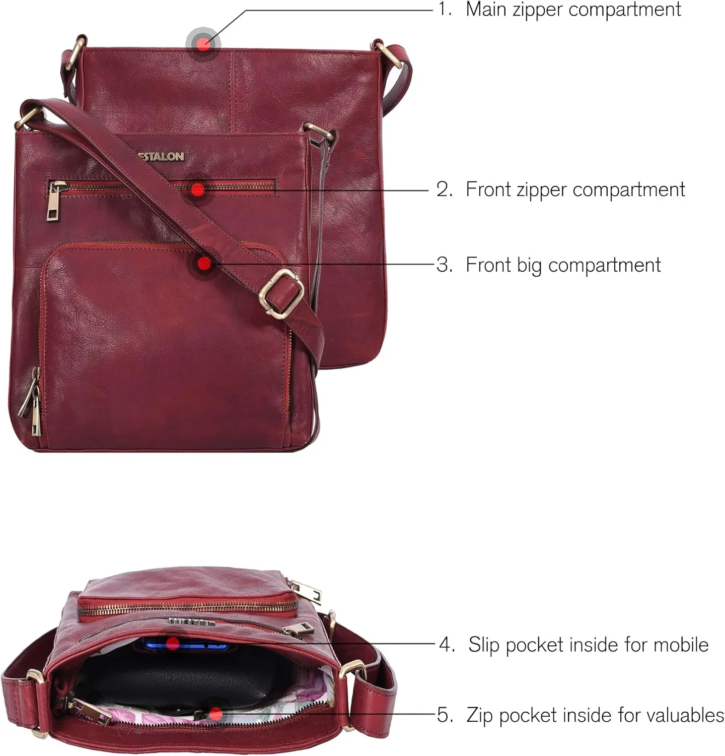 ESTALON Women's Real Leather Crossbody Purse With Adjustable Sling Strap - Medium Size Crossover Shoulder Hand Bag