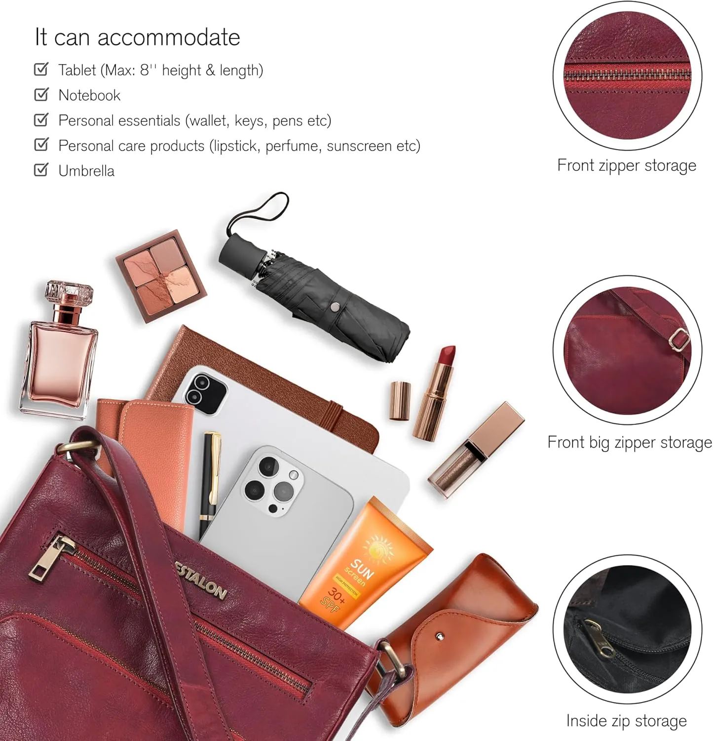 ESTALON Women's Real Leather Crossbody Purse With Adjustable Sling Strap - Medium Size Crossover Shoulder Hand Bag