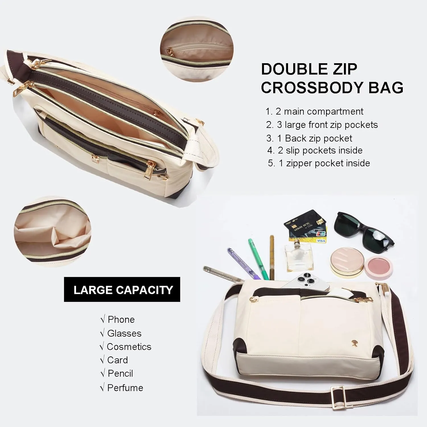 ESVAN Nylon Crossbody Bag For Women Waterproof Lightweight Casual Multi Pockets Shoulder Handbag Purse