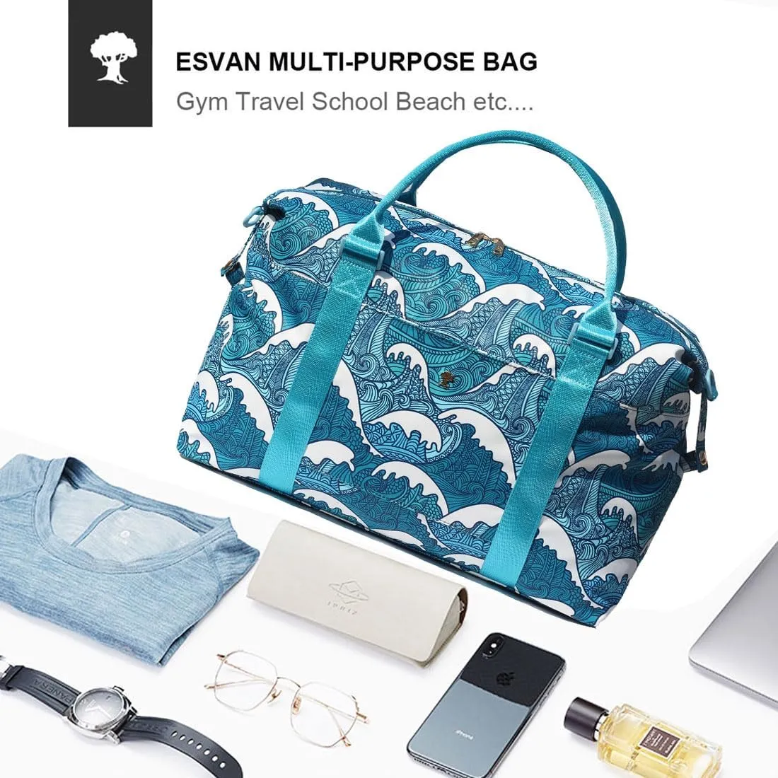 ESVAN Travel Tote Duffel Gym Bag,Weekender Overnight Carry-on Tote Crossbody Bag with Wet Pocket and Trolley Sleeve Upgraded