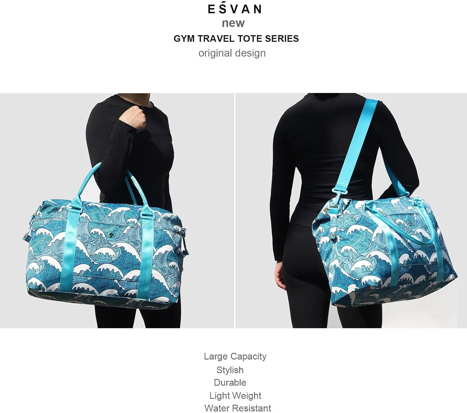 ESVAN Travel Tote Duffel Gym Bag,Weekender Overnight Carry-on Tote Crossbody Bag with Wet Pocket and Trolley Sleeve Upgraded