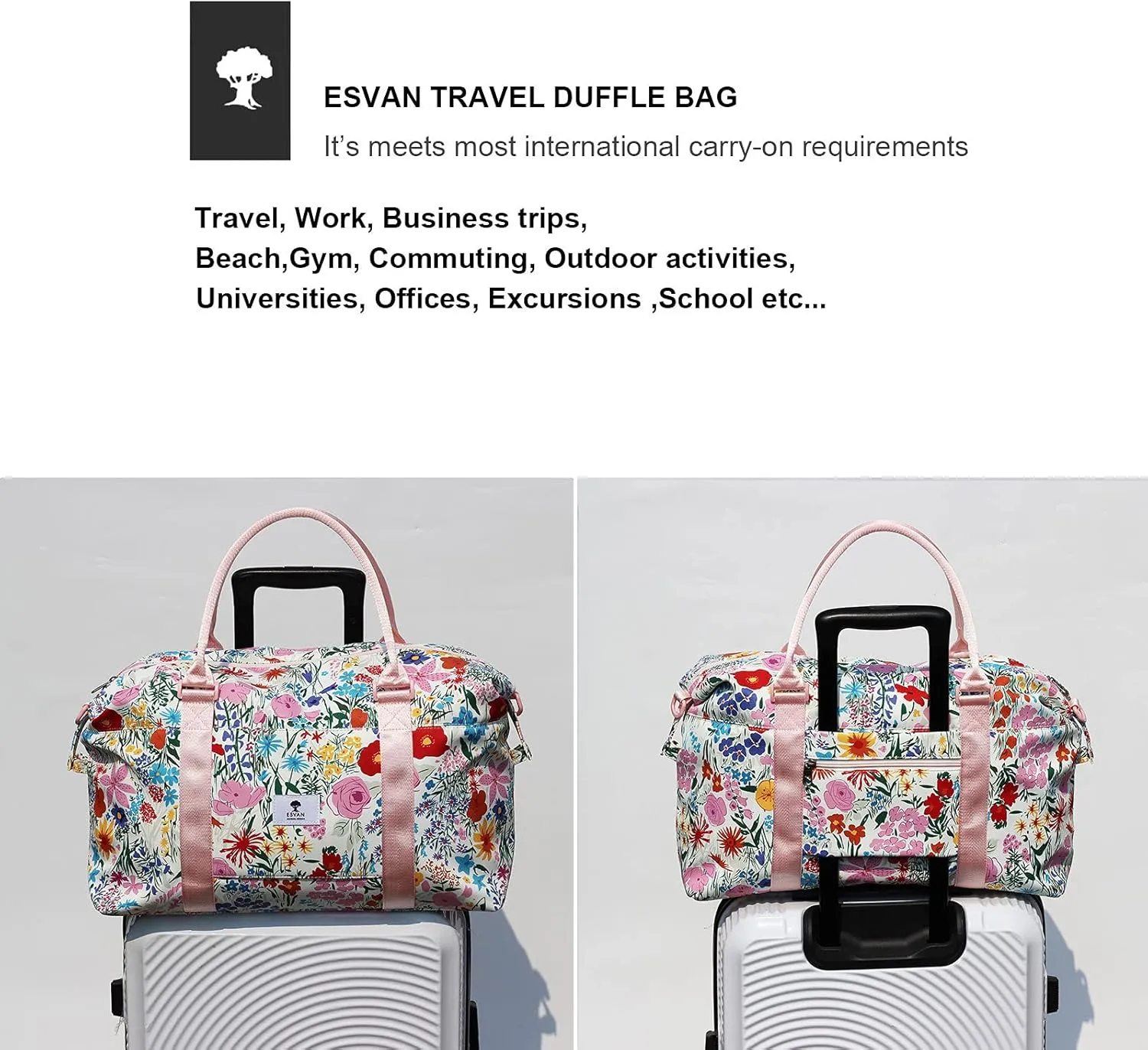 ESVAN Travel Tote Duffel Gym Bag,Weekender Overnight Carry-on Tote Crossbody Bag with Wet Pocket and Trolley Sleeve Upgraded