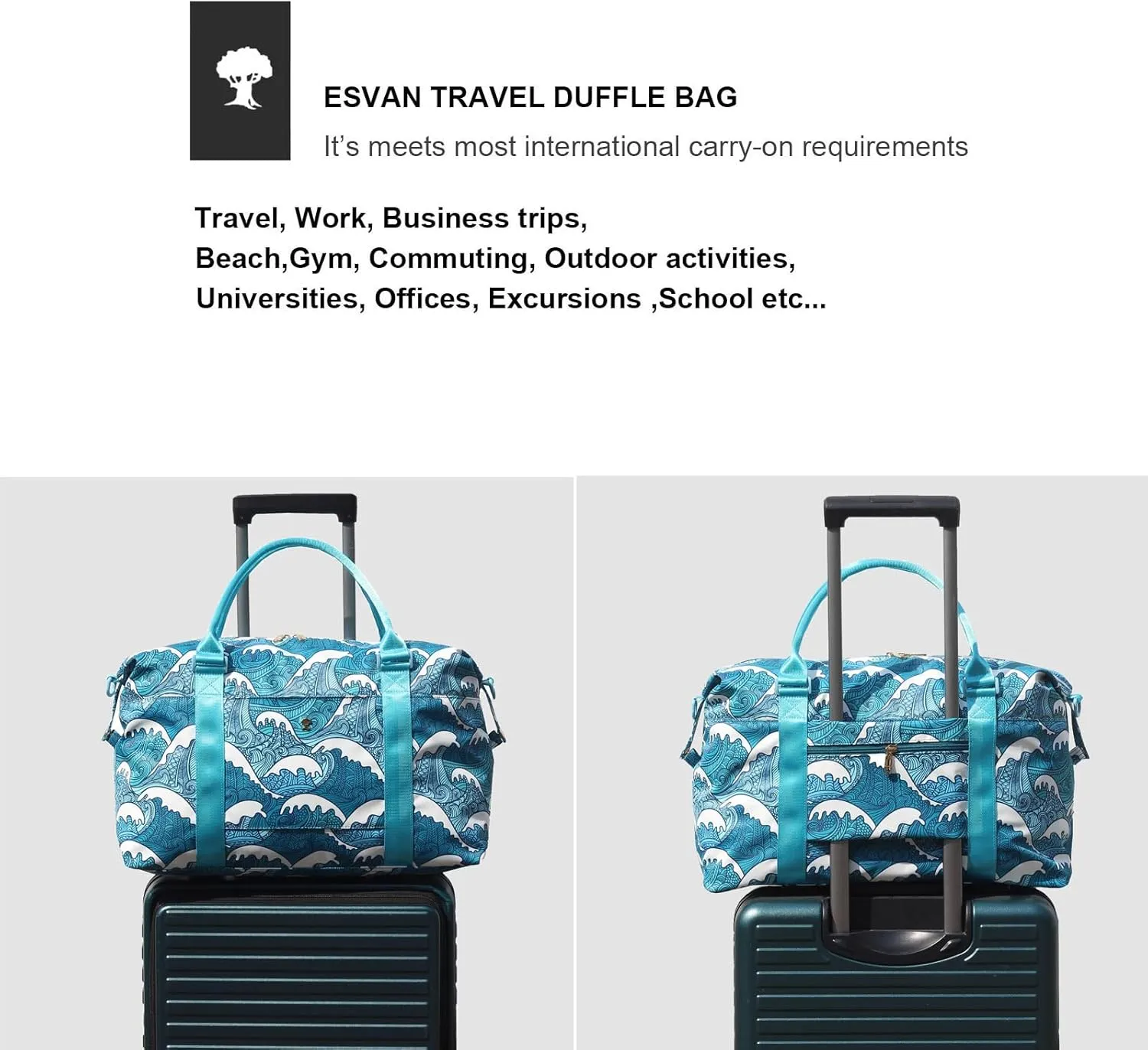 ESVAN Travel Tote Duffel Gym Bag,Weekender Overnight Carry-on Tote Crossbody Bag with Wet Pocket and Trolley Sleeve Upgraded