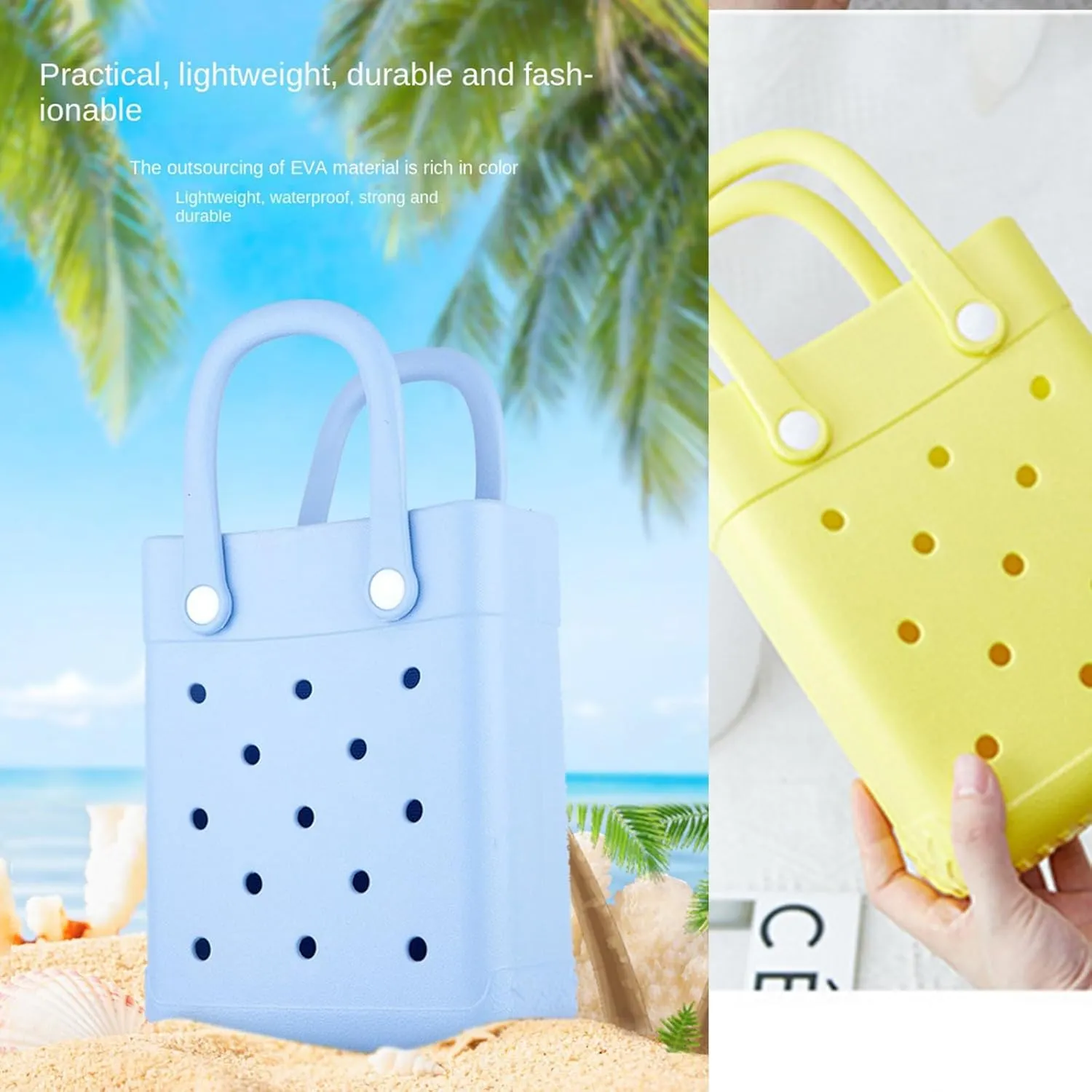 EVA Waterproof Mini Beach Tote, Bitty Rubber Travel Bags Sandproof X Small Size Handbag for Sports Gym Travel Market Outdoor