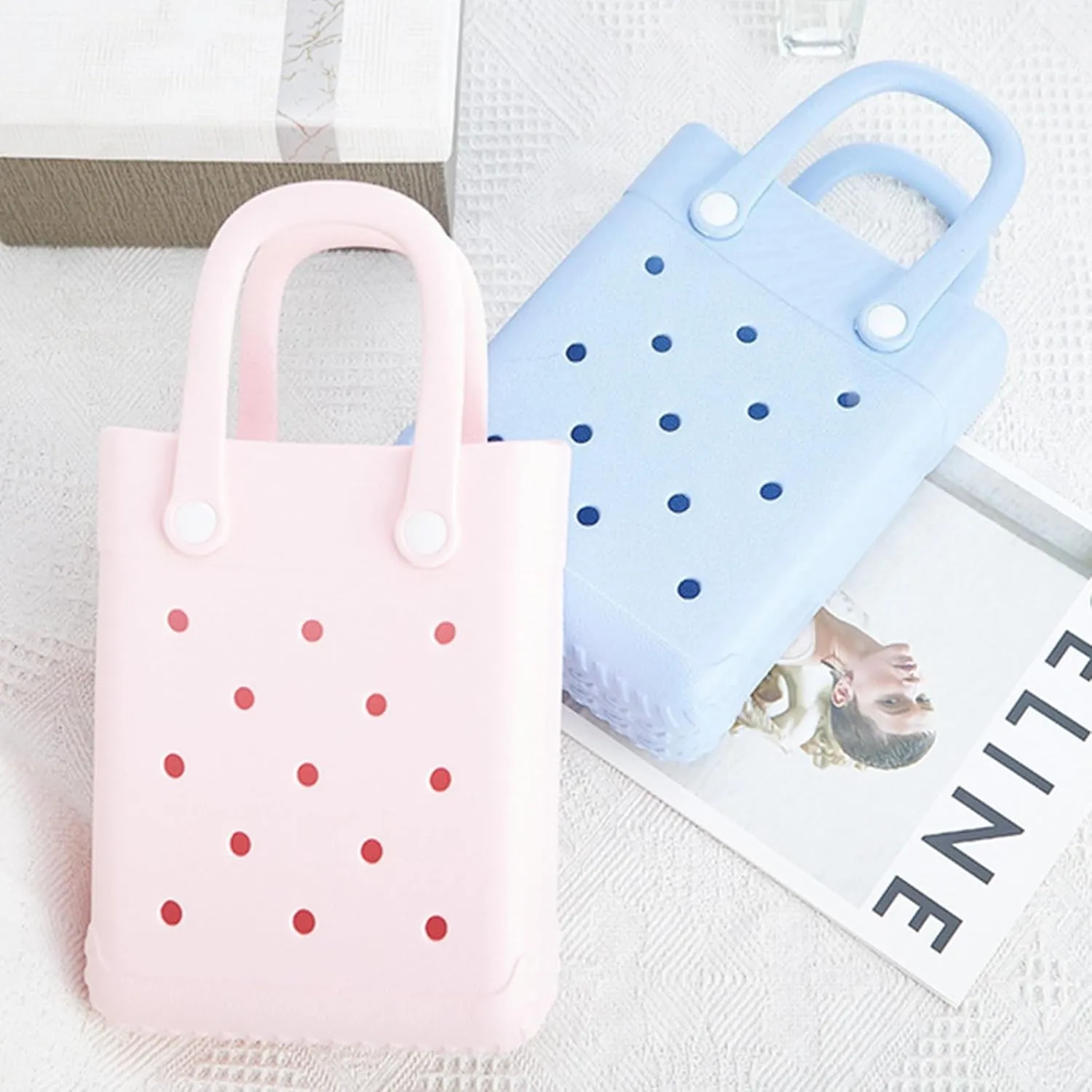 EVA Waterproof Mini Beach Tote, Bitty Rubber Travel Bags Sandproof X Small Size Handbag for Sports Gym Travel Market Outdoor