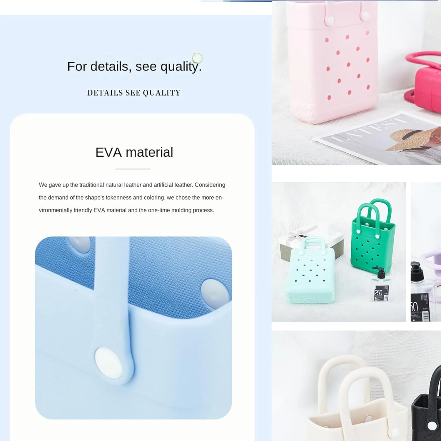 EVA Waterproof Mini Beach Tote, Bitty Rubber Travel Bags Sandproof X Small Size Handbag for Sports Gym Travel Market Outdoor