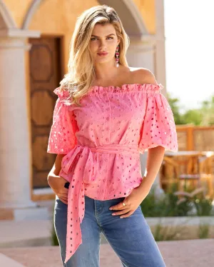 Eyelet Puff Sleeve Tie Waist Peplum Blouse Aurora Pink