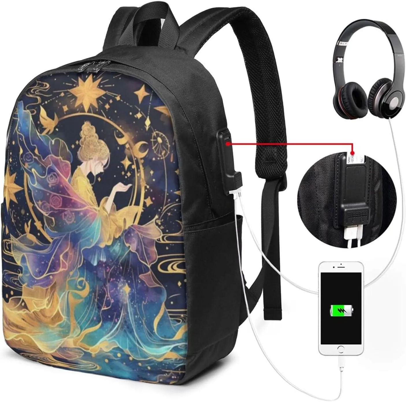 F-lower Moon Fairy Scobell Simple Large Capacity Backpack, The Whole Bag Is Stylish And Lightweight Black