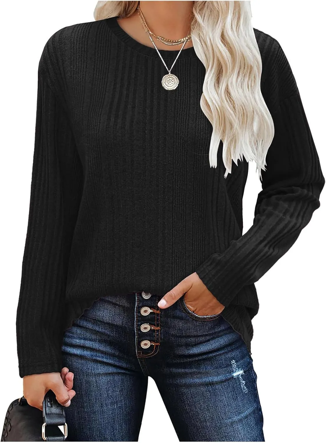 Fall Tshirts Shirts for Women 2024 Casual Knit Long Sleeve Pullover Tops Round Neck Lightweight Sweaters Blouse