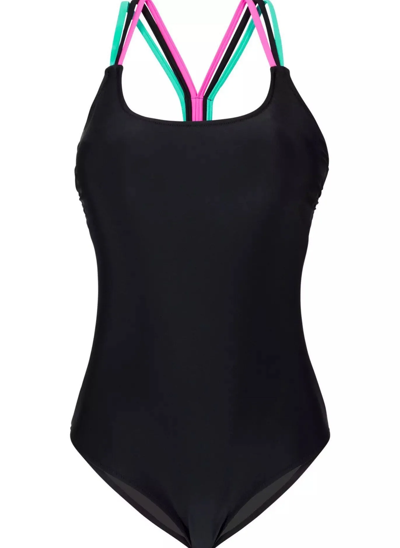 Fan Flair Black One-piece Swimsuit w pink and turquoise webbed fan back - S M L & XL