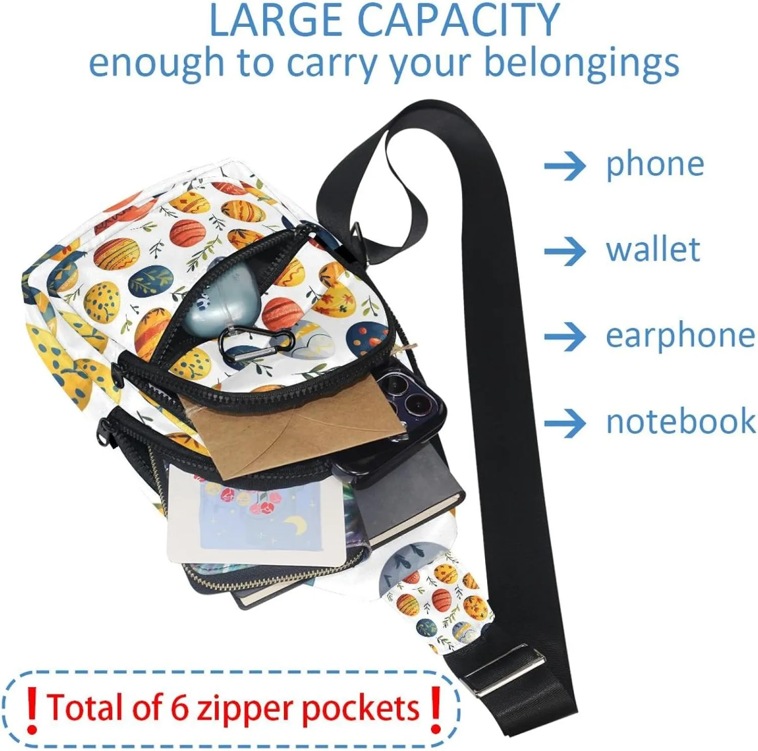 Fanny Pack Cross Body Bag for Outdoors Hiking Traveling, Easter Painted Eggs