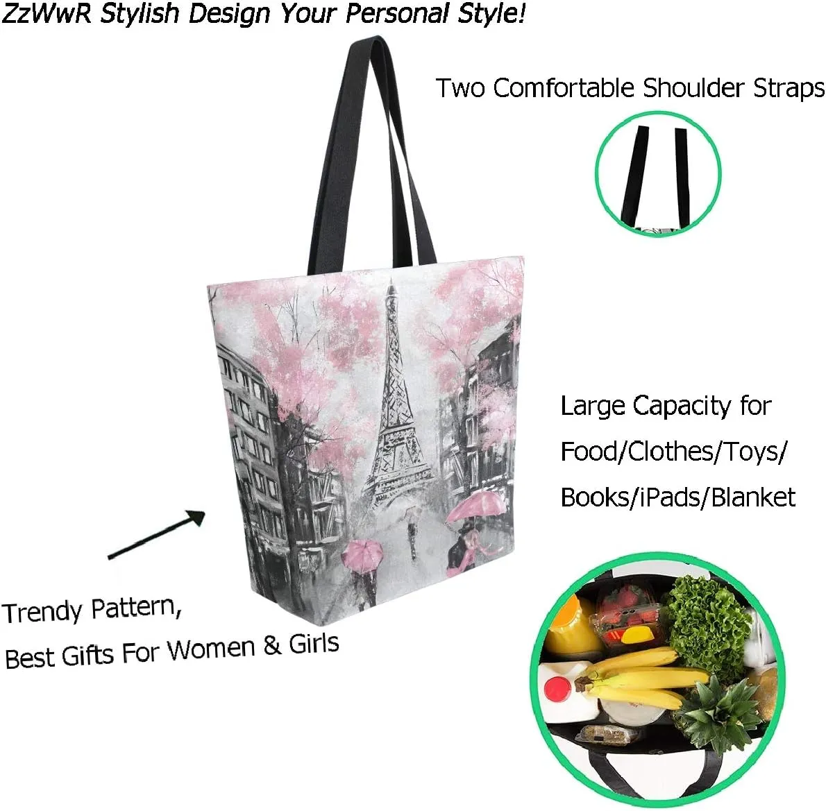 Fashion Beautiful Printed Pattern Extra Large Shoulder Tote Bag for Beach Travel Weekender Gym Grocery Shopping