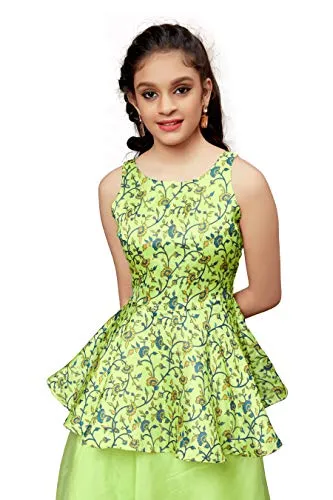 Fashion Dream Girl's Satin Readymade Lehenga Choli Set (GLC006-Peplum Pista-9-10 Years_Pista_9-10 Years)